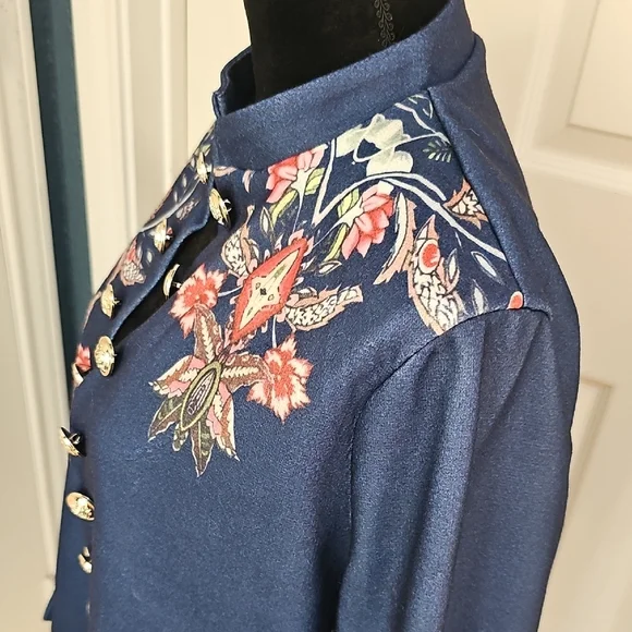 NWT Sinhoon Navy Double Breasted Gold Tone Button Tailored Floral Blazer XL - Picture 7 of 12